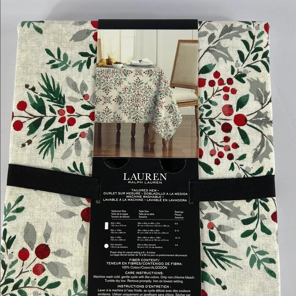 Ralph Lauren Tablecloth Holiday Berry Red Green Ivory Christmas Floral 60x84 NEW